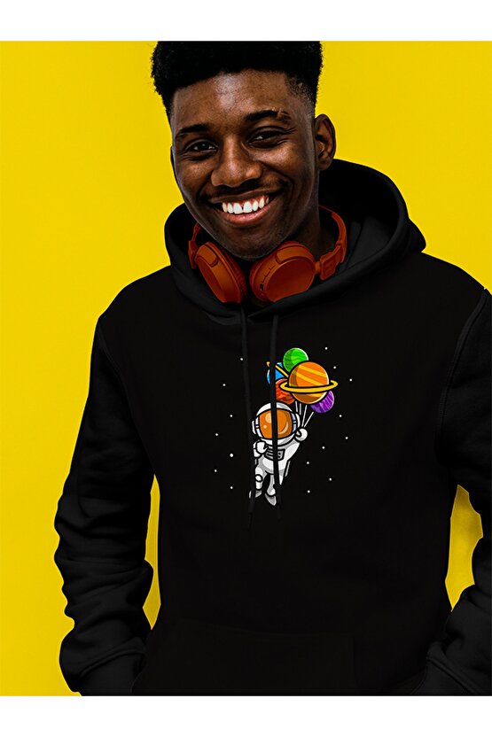Astronot Baskılı Tasarım 2 Iplik Şardonlu Siyah Hoodie Sweatshirt