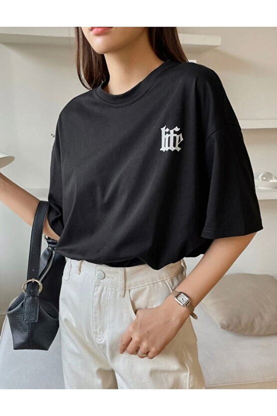 Kadın Oversize Life Attıtude Baskılı Siyah Tshirt