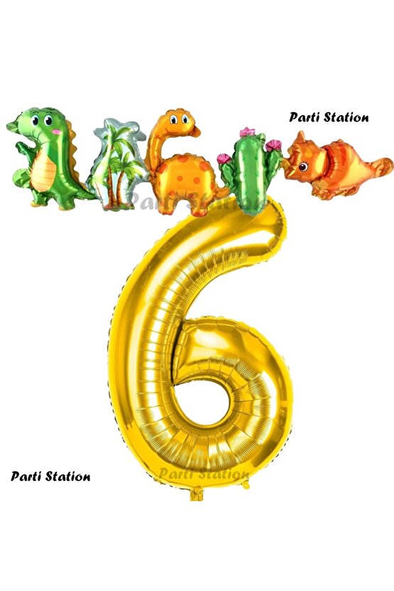Altın Renk Rakam Balonlu Dinozor 6 Yaş Doğum Günü Parti Yapışık Balon Set Dinozor Tema Parti Set