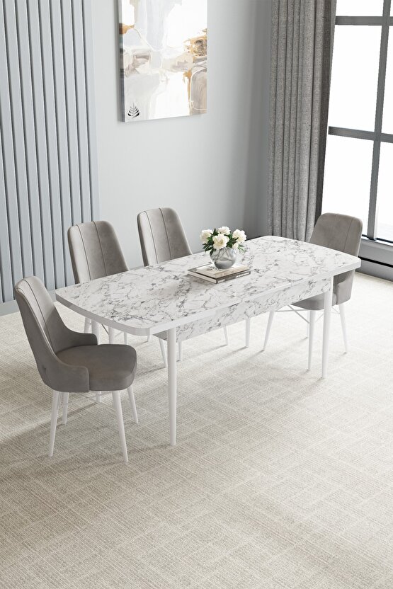 Loft Beyaz Mermer Desen 80x132 Açılabilir Mutfak Masası Takımı 4 Adet Sandalye