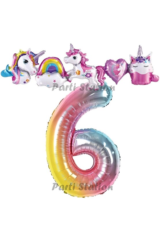Renkli Gökkuşağı Renk Rakam Balonlu Unicorn 6 Yaş Doğum Günü Parti Balon Set Unicorn Tema Parti Seti