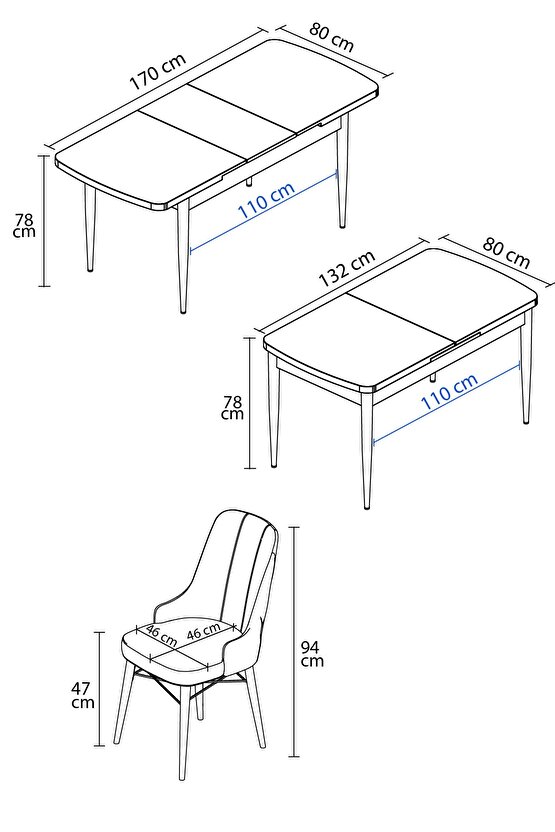 Siyah Mermer Desen 80x132 Açılabilir Mutfak Masası Takımı 4 Adet Sandalye