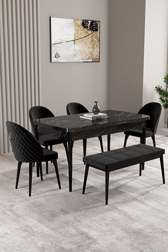Milas Siyah Mermer Desen 80x132 Mdf Açılabilir Yemek Masası Takımı 4 Sandalye, 1 Bench