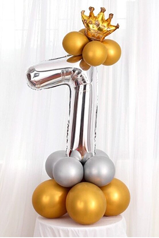 Gümüş Renk 7 Yaş Krom Gold-gümüş Renkler Altın Taçlı Balon Seti