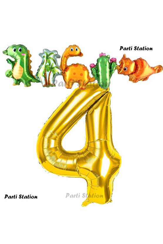 Altın Renk Rakam Balonlu Dinozor 4 Yaş Doğum Günü Parti Yapışık Balon Set Dinozor Tema Parti Set