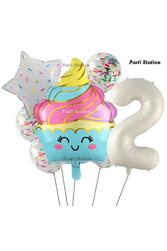 Dondurma Cupcake Konsept 2 Yaş Doğum Günü Balon Set İce Cream Cupcake Şef Tema Doğum Günü Balon Set