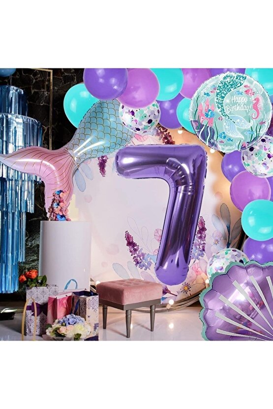 Mor Rakam Balon 7 Yaş Deniz Kızı Temalı Doğum Günü Parti Kutlama Seti Konsept 1