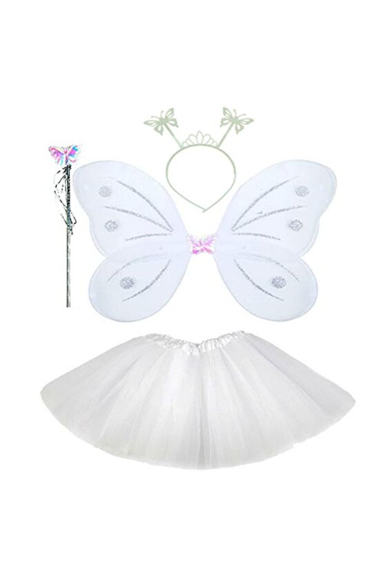 Beyaz Kelebek Kostümü - Beyaz Kelebek Kostüm Aksesuar Seti 4 Parça