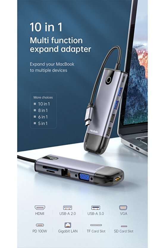 10 In1 Type C Gigabit Lan+hdmı+macbook+vga Çoklayıcı Adaptör Hu-7420