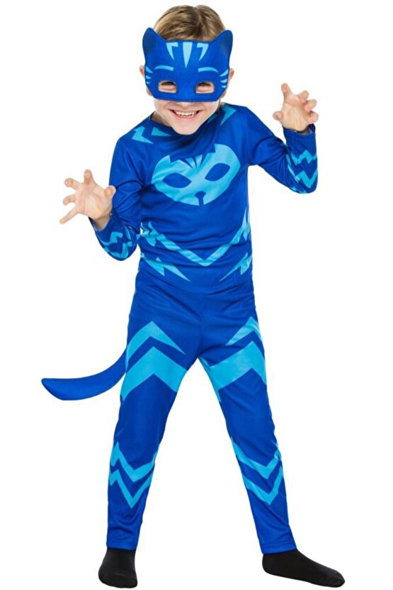 Unisex Çocuk Mavi Pijamaskeliler Kedi Kostüm 7-9 Yaş