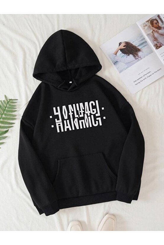 Kapşonlu Hanımcı Yazılı Katlamalı Siyah Sweatshirt