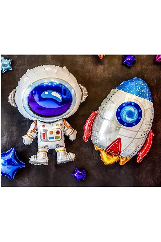 Gümüş Renk Rakam Balon Uzay Konsept 5 Yaş Doğum Günü Balon Set Galaksi Astronot Space Roket Balon