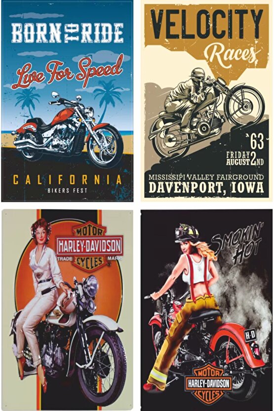 klasik motosiklet poster seti. Route 66 ve pin up kızlarıyla. 24 adet mini retro ahşap poster