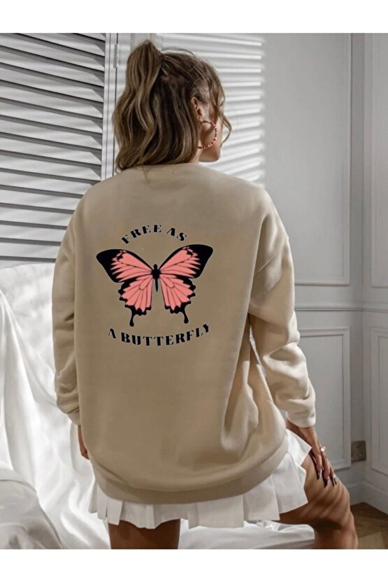 Kadın Oversize Free Butterfly Bej Sweatshirt