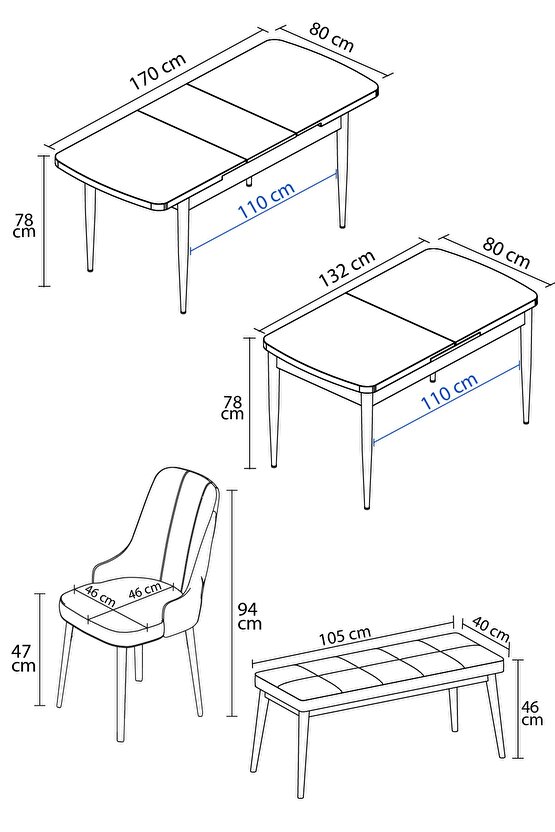 Mabel Siyah Mermer Desen 80x132 Açılabilir Mutfak Masası Takımı 4 Sandalye, 1 Bench