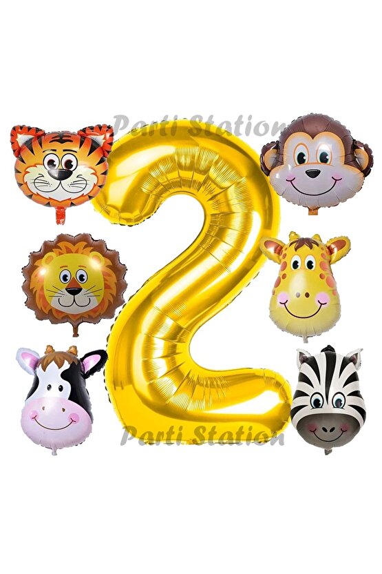 Altın Renk Rakam Balonlu Safari 2 Yaş Doğum Günü Parti Balon Set Safari Hayvanlar Tema Parti Set