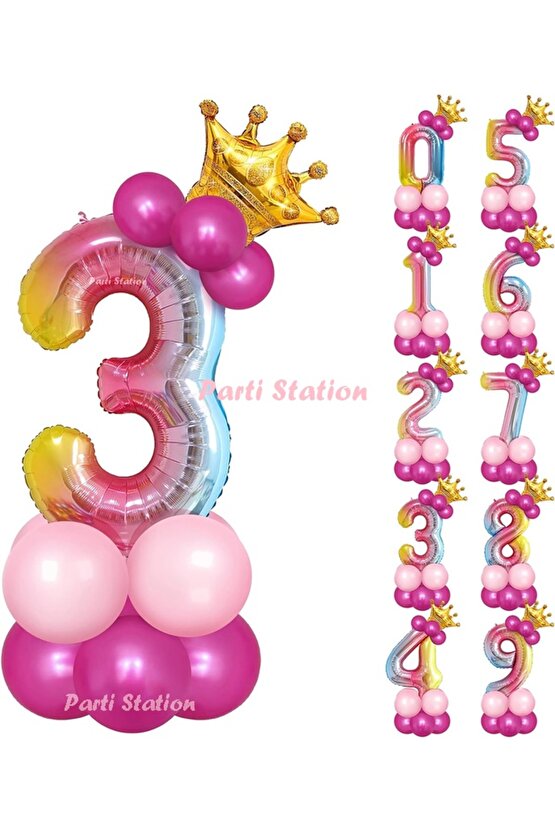Gökkuşağı Rakam Balonlu 3 Yaş Doğum Günü Parti Karşılama Balon Seti Rengarenk Konsept Doğum Günü