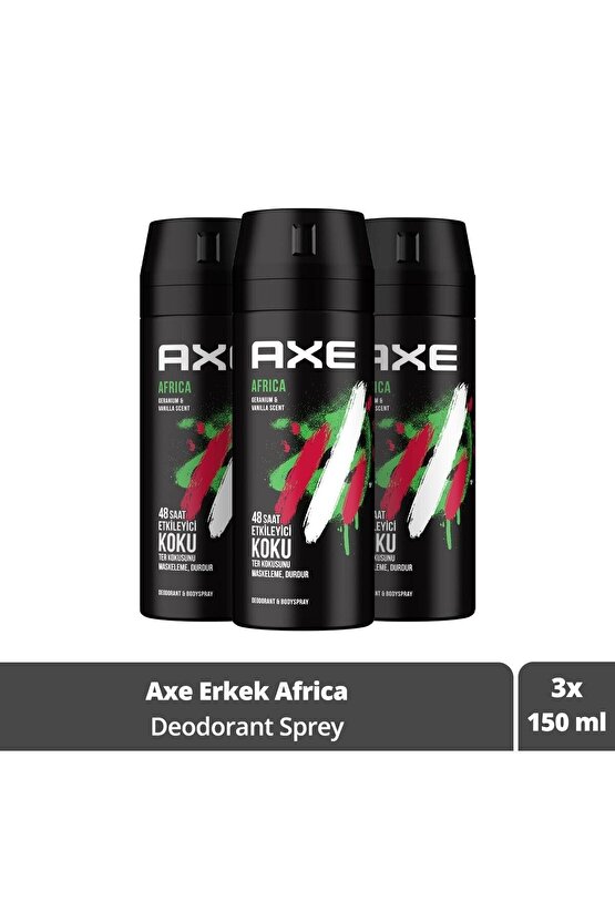 Erkek Sprey Deodorant Africa 48 Saat Etkileyici Koku 150 ml X3 Adet 