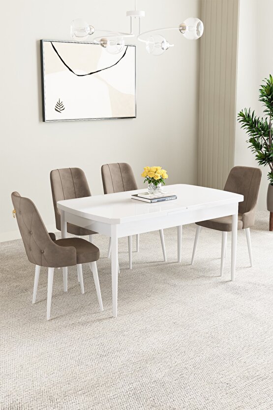 Mabel Beyaz Desen 80x132 Mdf Açılabilir Mutfak Masası Takımı 4 Adet Sandalye