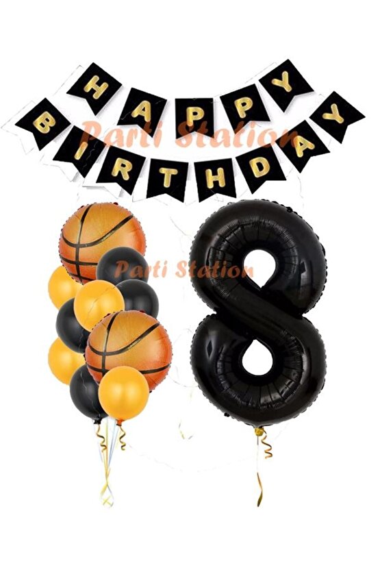 Basketbol Konsept 8 Yaş Balon Siyah Set Basketbol Tema Doğum Günü Balon Seti