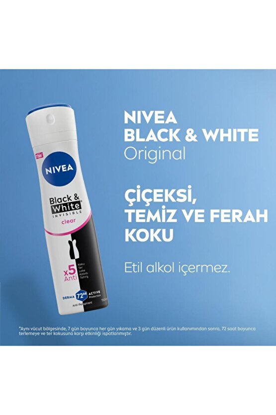 Kadın Sprey Deodorant Black&White Invisible Clear 150ml, 72 Saat Anti-perspirant Koruma