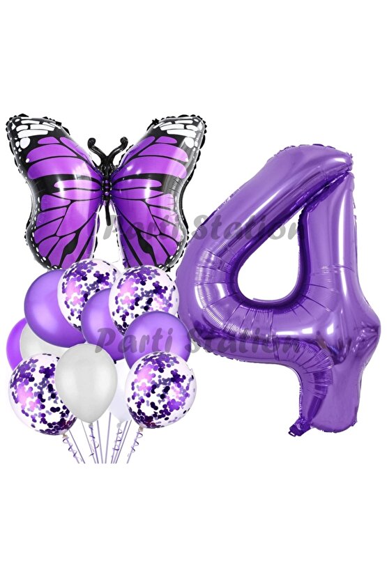 Mor Kelebek Konsept 4 Yaş Balon Set Butterfly Kelebek Mor Rakam Balon Parti Doğum Günü Balon Set