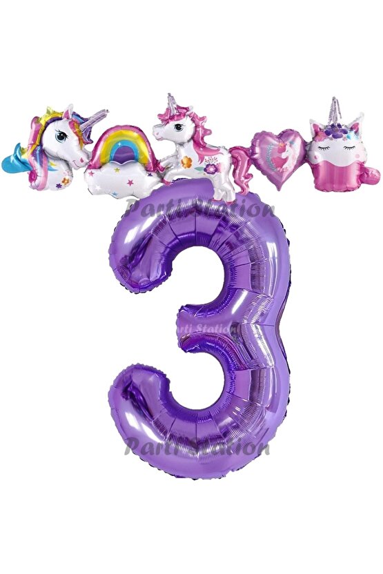 Mor Renk Rakam Balonlu Unicorn 3 Yaş Doğum Günü Parti Balon Set Unicorn Tema Lila Renk Parti Seti