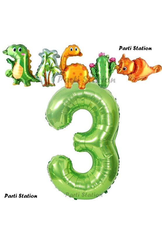 Yeşil Renk Rakam Balonlu Dinozor 3 Yaş Doğum Günü Parti Yapışık Balon Set Dinozor Tema Parti Set