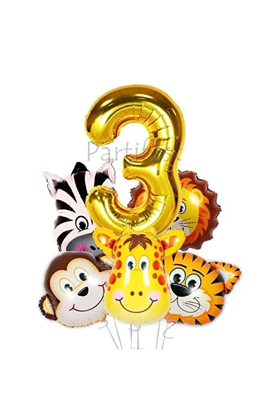 Safari Hayvanlar 3 Yaş Balon Set Safari Büyük Kafa Balon Folyo Balon Set Konsept Doğum Günü Set