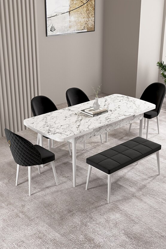 Milas Beyaz Mermer Desen 80x132 Mdf Açılabilir Yemek Masası Takımı 4 Sandalye, 1 Bench