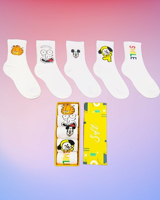 5li Unisex Karakter ve Desenli Soket Çorap Kutusu