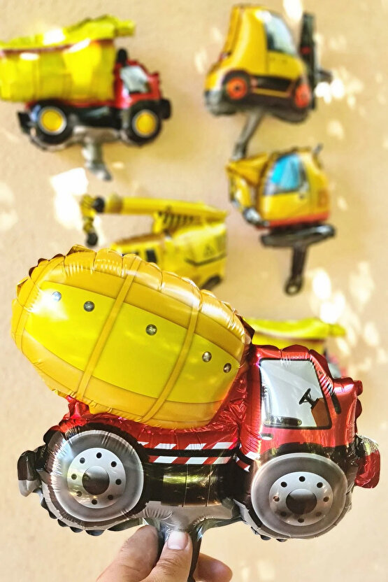 İnşaat Araçları Konsept Doğum Günü 4 Yaş Balon Set Mini Boy Kepçe Dozer Mikser Kamyon Forklift Balon