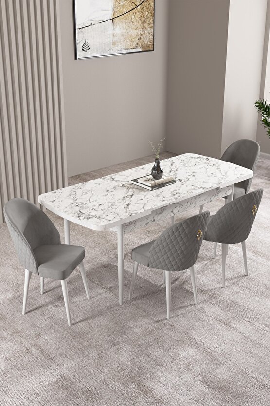 Milas Beyaz Mermer Desen 80x132 Mdf Açılabilir Yemek Masası Takımı 4 Adet Sandalye