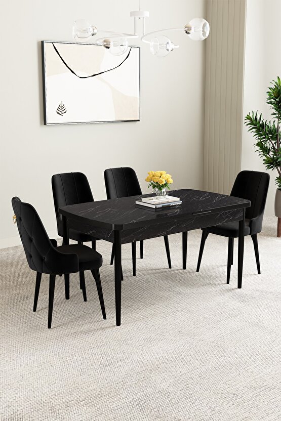 Clara Siyah Mermer Desen 80x132 Açılabilir Mutfak Masası Takımı 4 Adet Sandalye