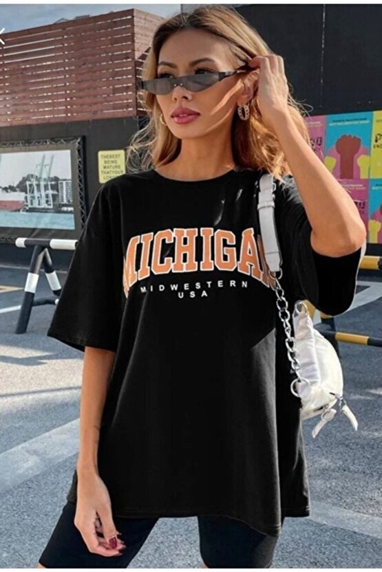 Oversize Unisex Siyah Mıchıgan Usa Tshirt