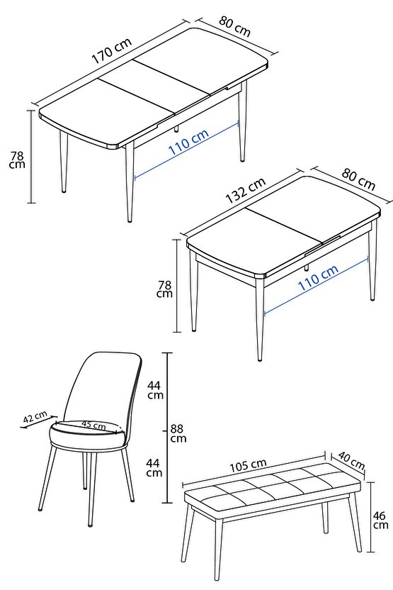Rita Beyaz 80x132 Açılabilir Mutfak Masası Takımı 4 Sandalye, 1 Bench