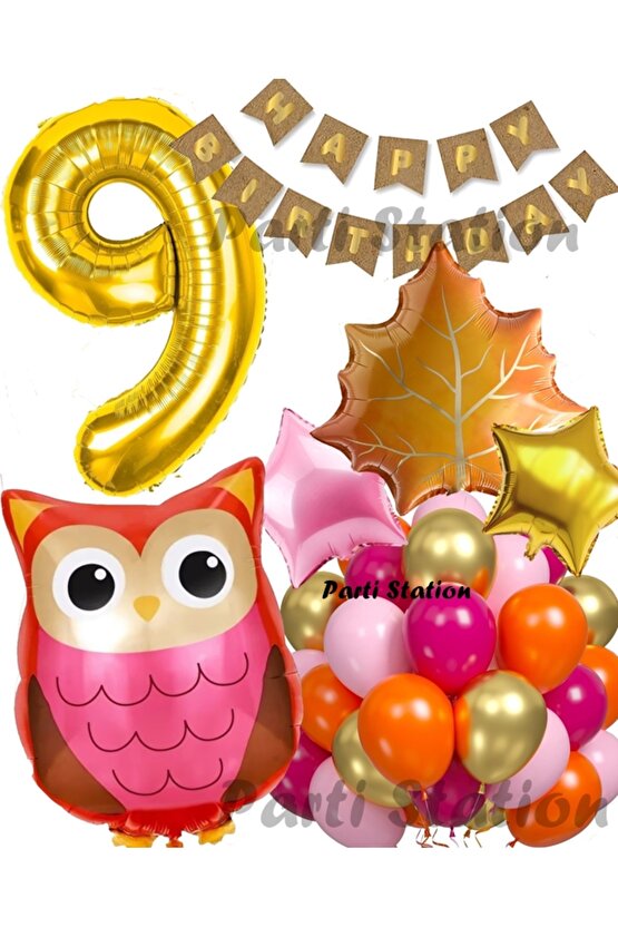 Orman Woodland Baykuş Konsept Doğum Günü 9 Yaş Balon Set Baykuş Tema Folyo Balon Set