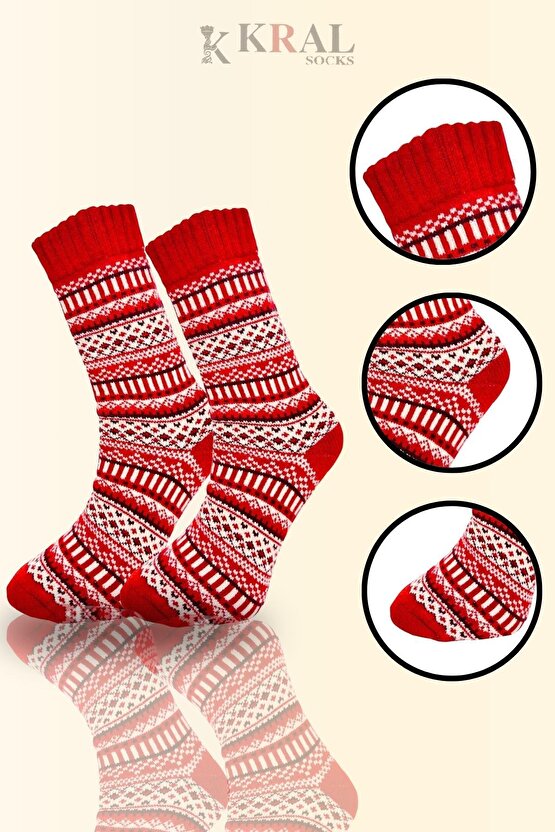Özel Üretim (2 Çift) Kalın %100 Yün Kışlık Çizgili - Motif Desenli Çorap