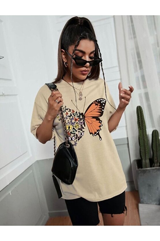 Kadın Oversize Butterfly Baskılı Bej Tshirt