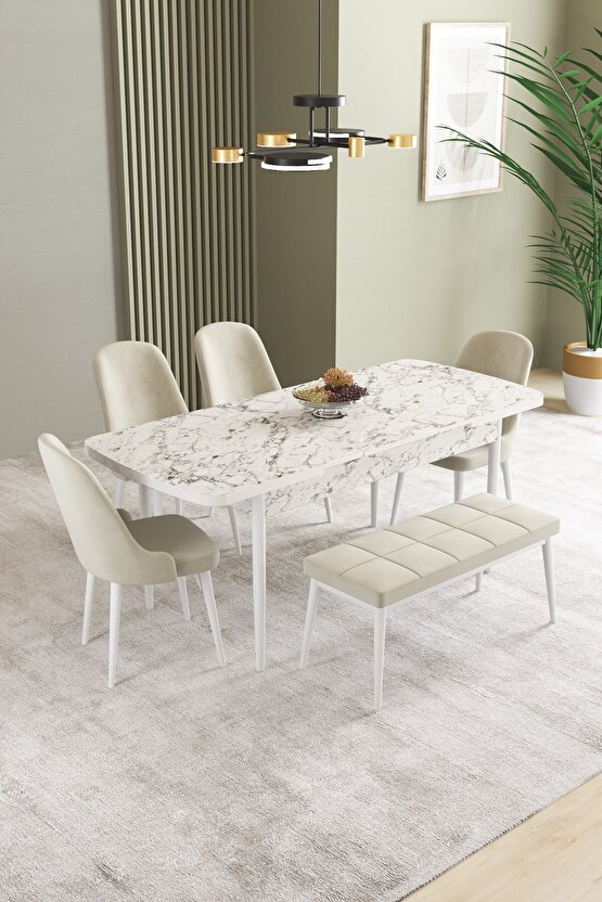 Ikon Beyaz Mermer Desen 80x132 Mdf Açılabilir Yemek Masası Takımı 4 Sandalye, 1 Bench