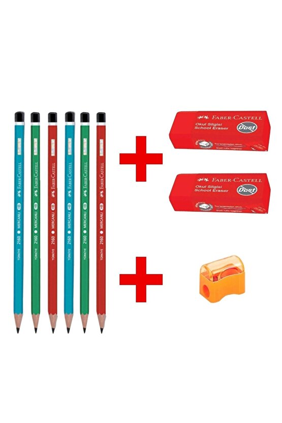 Faber-castell Kurşun Kalem 6 Adet - Faber Büyük Boy Kırmızı Silgi 2 Adet Ve Kalemtıraş