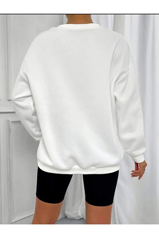 Oversize Kaplan Baskılı Beyaz Sweatshirt