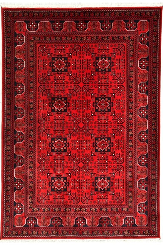 Bambos Plus 901 Kırmızı Yün ve Bambu ile Özel Tezgahlarda Üretilen Afgan Halısı Desenli El