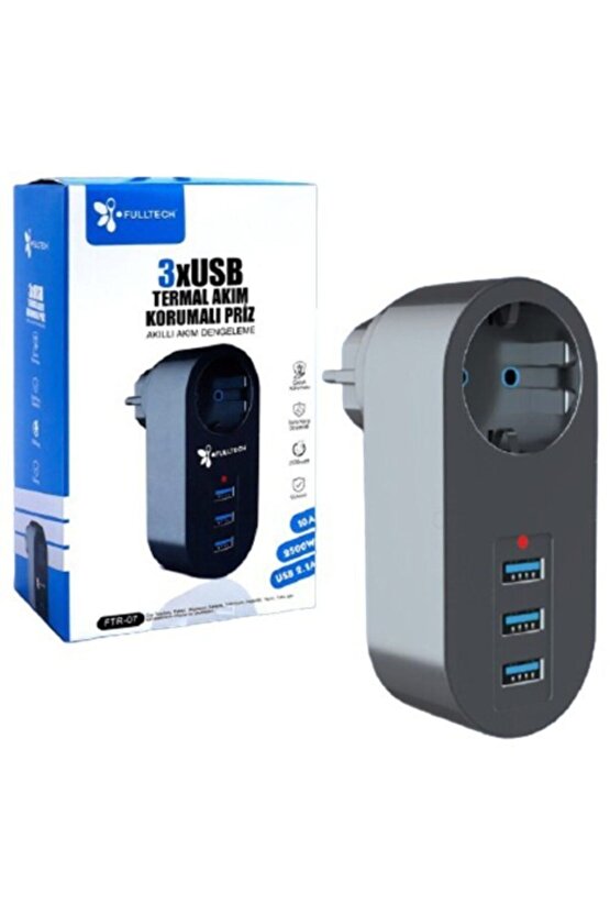 Akım Korumalı Priz 3 Usb Çıkışlı Çoçuk Koruması 10a 2500w 2.1a Usb Çıkışlı