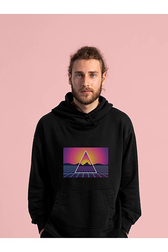 Vapor Wave Renkli Design Baskılı Tasarım 2 Iplik Şardonlu Siyah Hoodie Sweatshirt