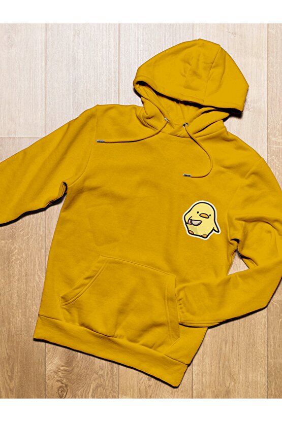 Civciv Baskılı Tasarım 3 Iplik Kalın Sarı Hoodie Sweatshirt