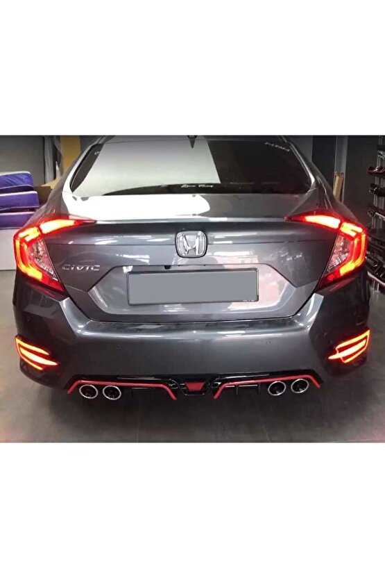 Honda Civic Fc5 Uyumlu 4 Egzoz Difüzör Parlak Siyah Kırmızı Şeritli 2016-19