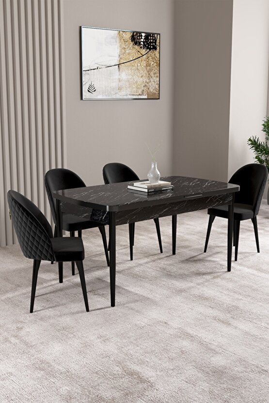 Milas Siyah Mermer Desen 80x132 Mdf Açılabilir Yemek Masası Takımı 4 Adet Sandalye
