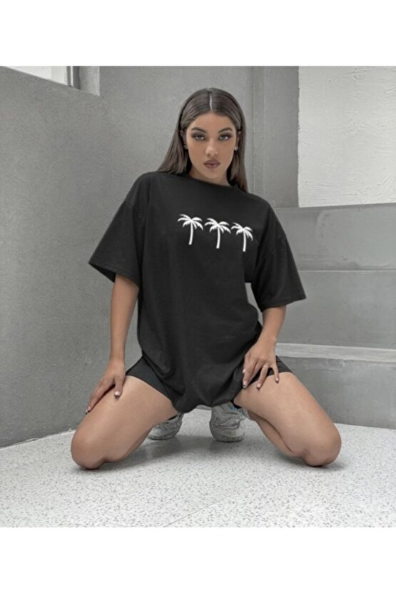 Kadın Oversize Siyah Palmiye Tshirt