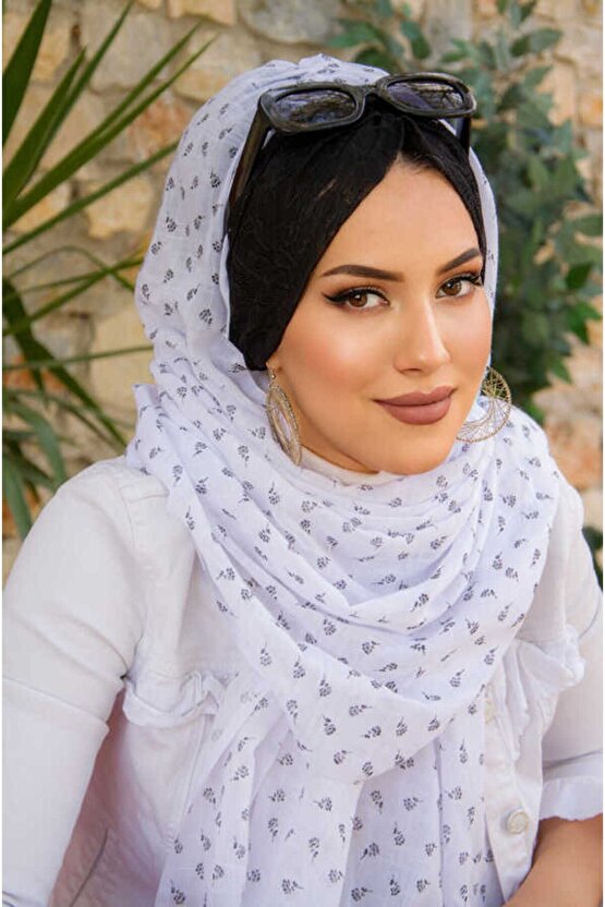 Beyaz Çiçekli Koton Bandana Şal - 50100